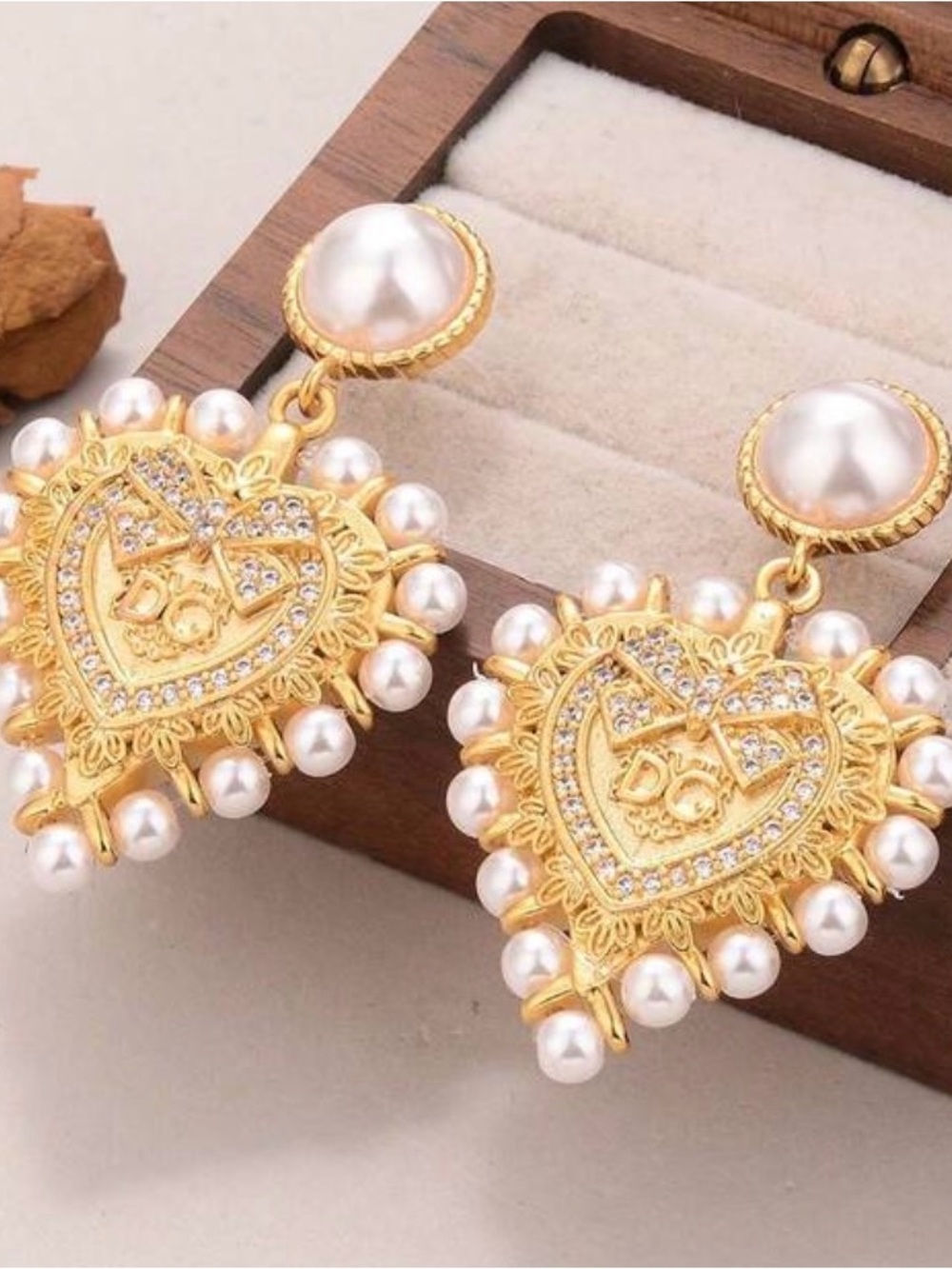 Gold Pearl Heart Drop Earrings - Designer Inspired